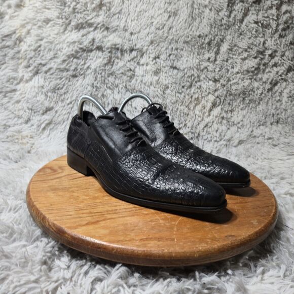 Michelline Mens Size 6/38 Black Crocodile Print Hand Made Lace Up Oxford Shoes - Picture 1 of 14